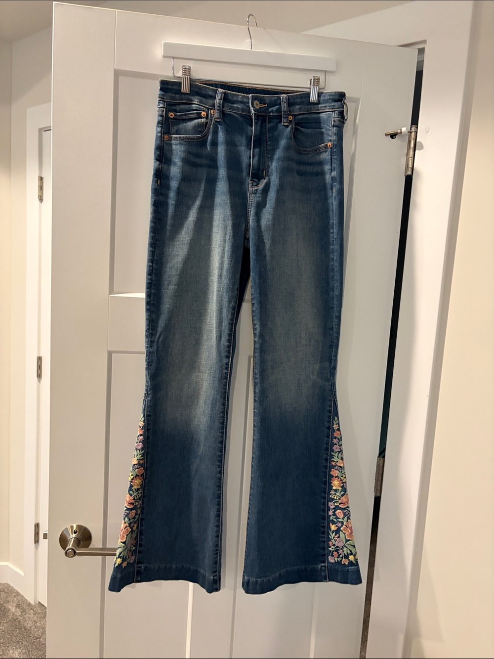 American Eagle Outfitters Dark Blue Flare Jeans with Floral Side Panels